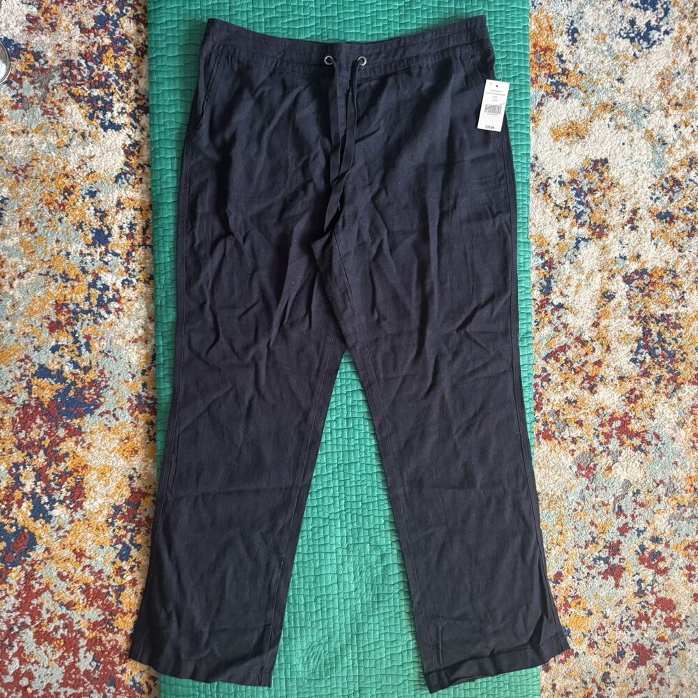 NEW NWT Mia & Tess Linen Pull On Pants Wide Leg Cropped Womens Large Navy Blue